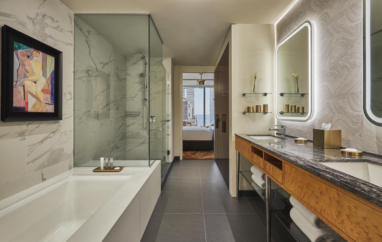 interior view of bathroom in Deluxe Lake View King room at Viceroy Chicago