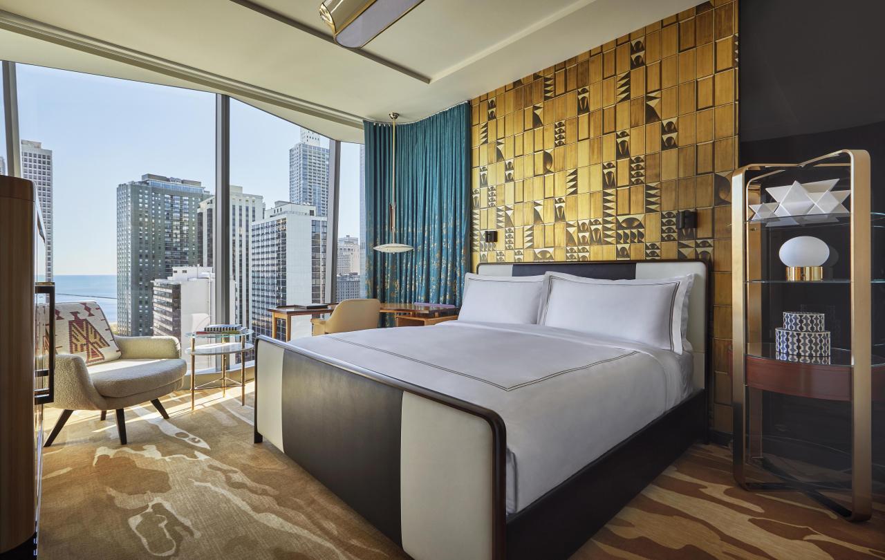 interior view of Deluxe Lake View King room at Viceroy Chicago