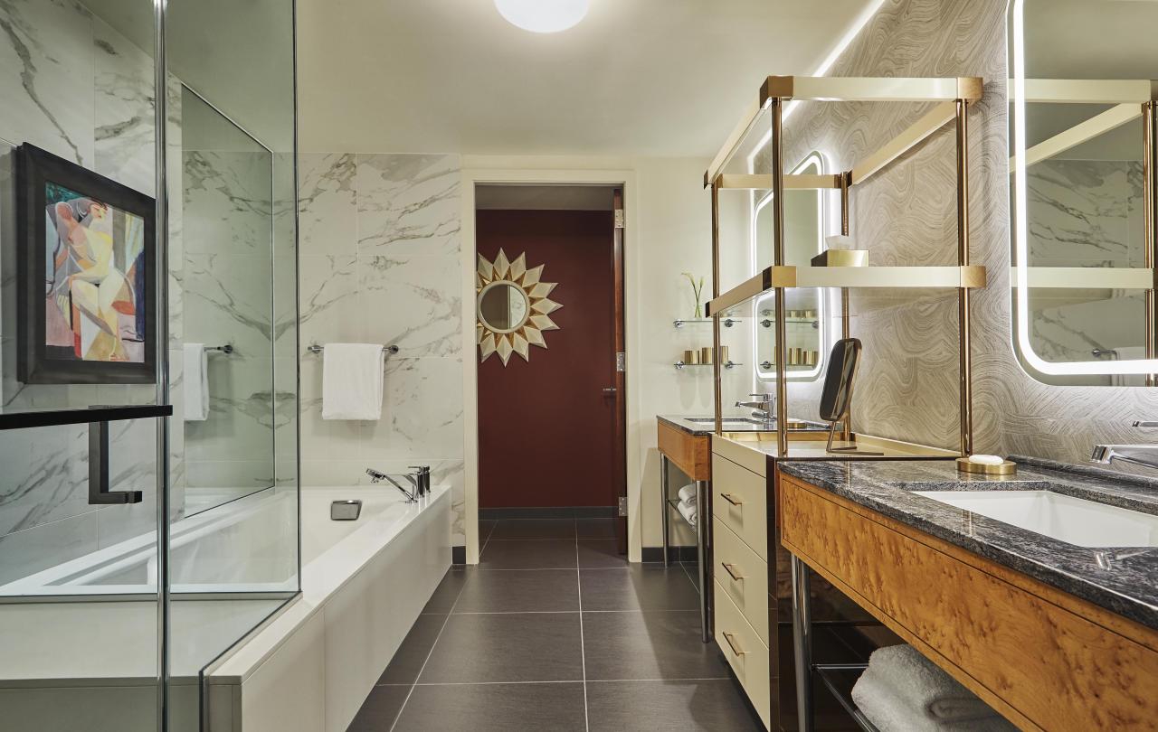interior view of bathroom in Grand King room at Viceroy Chicago