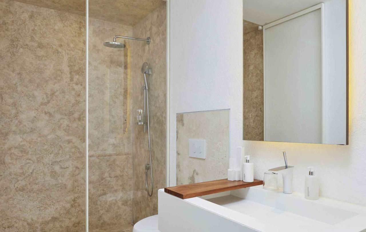 interior view of shower and bathroom 