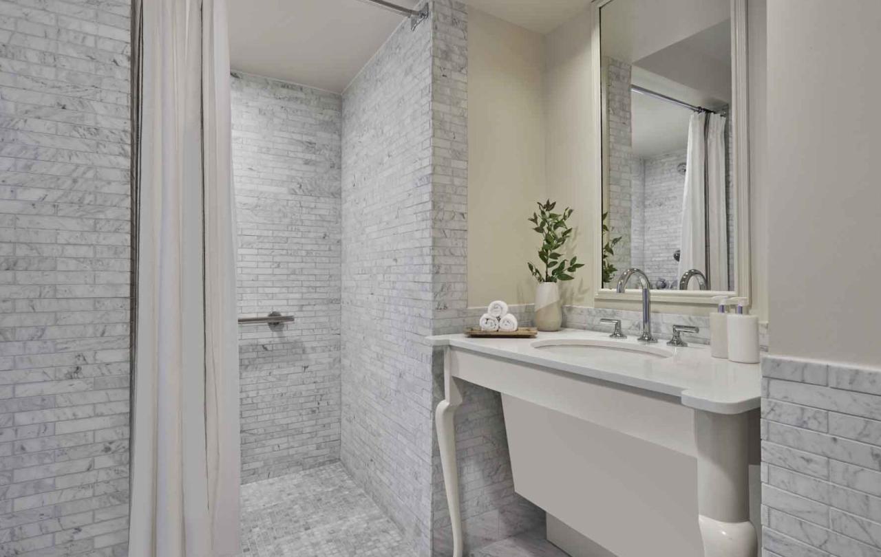 A shower and vanity in a room at Viceroy Santa Monica