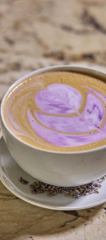A latte with purple latte art on a counter