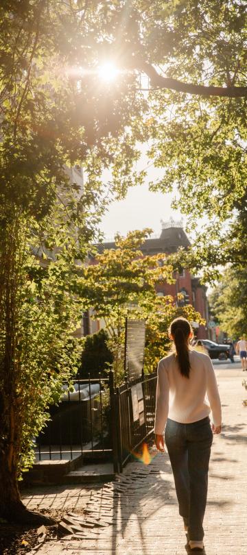 woman walking along tree-lined sidewalk