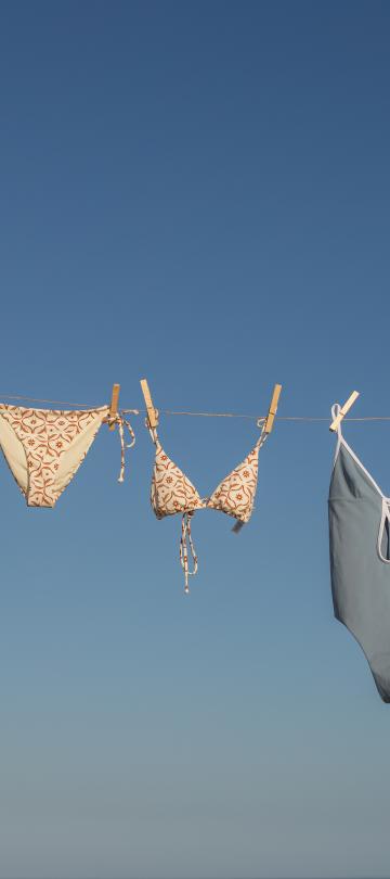 A clothesline with swimming items hung to dry.