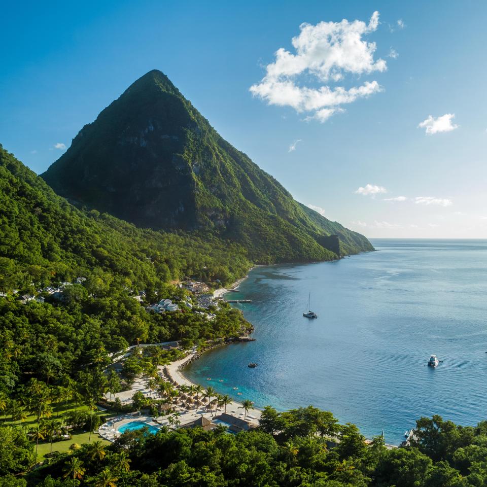 The Pitons rising above Sugar Beach in St. Lucia