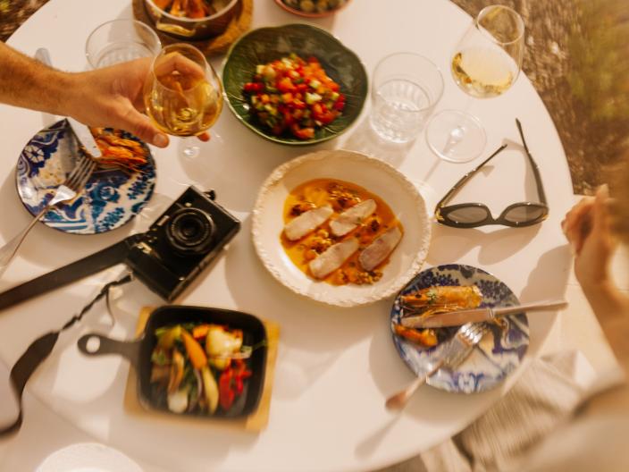 A table filled with food and summer attire