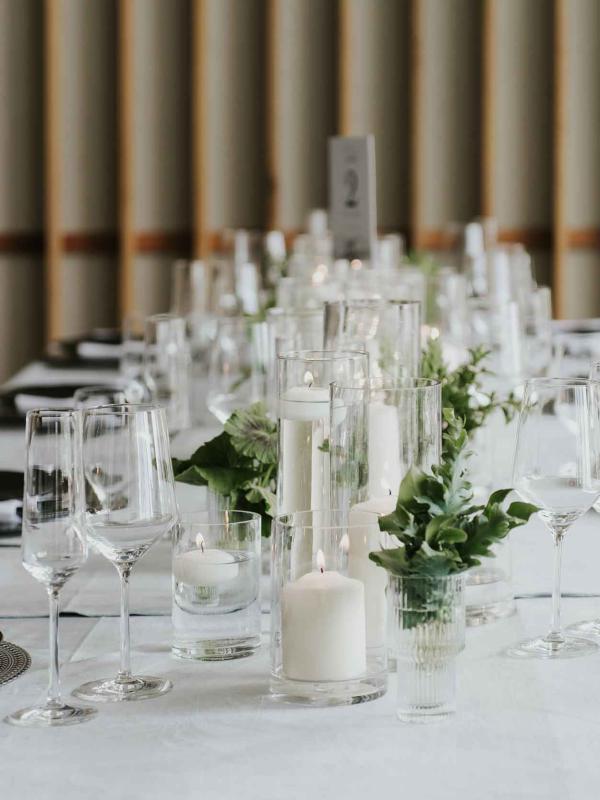 A banquet table set up for a wedding.